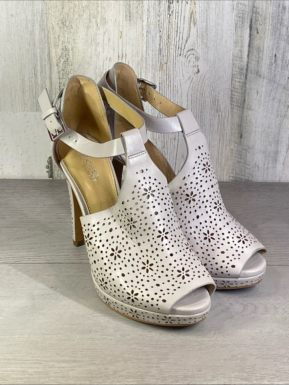 MICHAEL Michael Kors Cream Perforated Floral Peep-Toe Ankle Strap Heels